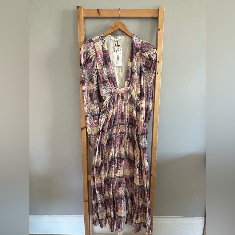 SEA New York Long Midi Multicolor Dress Deep V-Neck Waist Cut-Outs Sz XS NWT